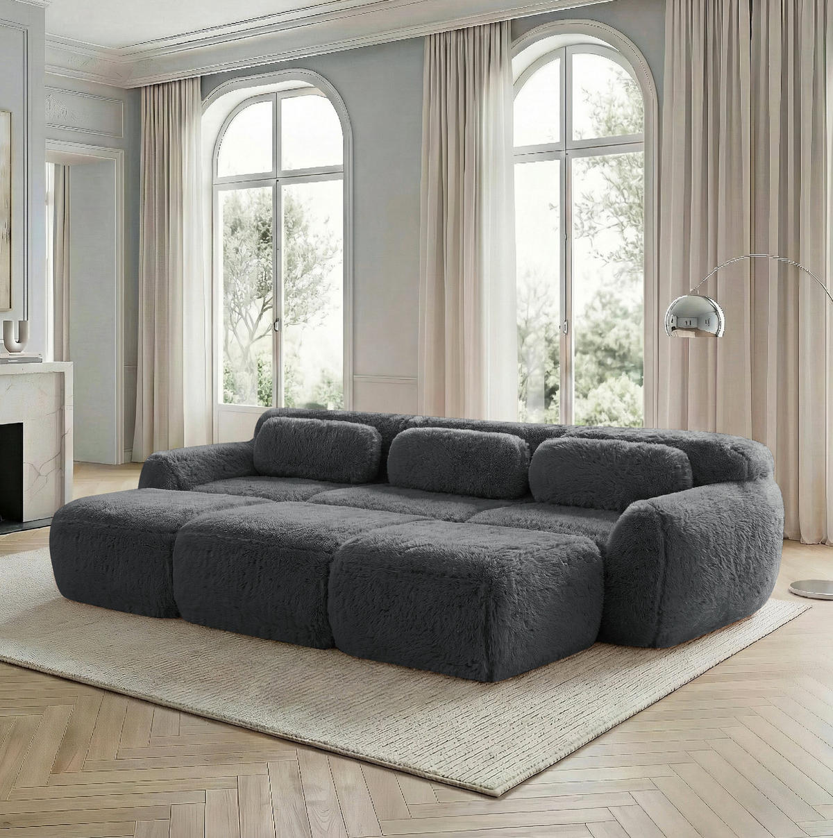 SOFA 291/179/73 cm in Grau mit Ottomans, rahmenlos und besonders weich - Grau, Textil (179/73/291cm) - Flora Grace