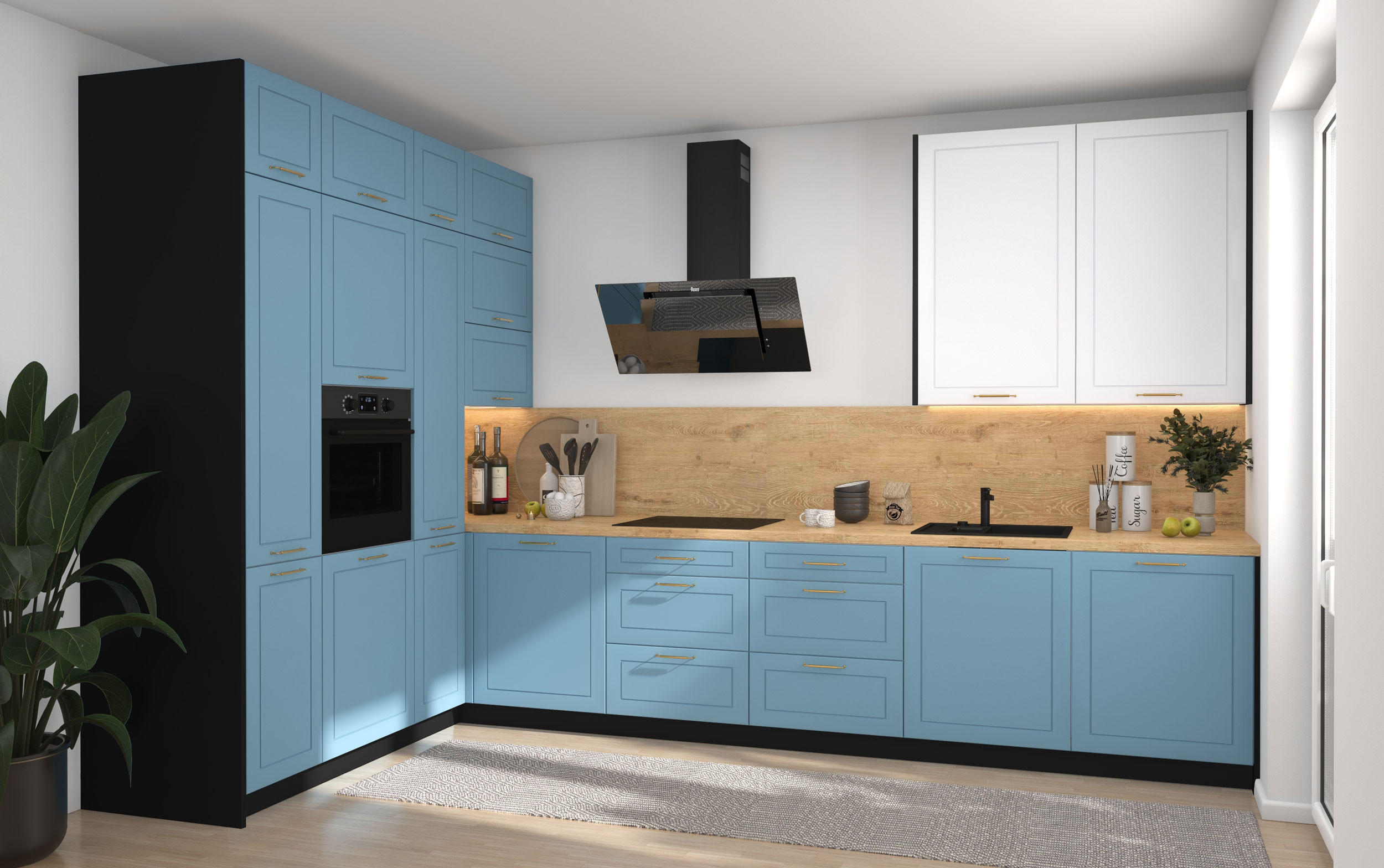 L-FORM KÜCHENZEILE Bari (16-tlg) Schwarz / Pastellblau - Signalweiß - Blau, Holzwerkstoff/Metall (347/243/202cm) - Feldmann-Wohnen