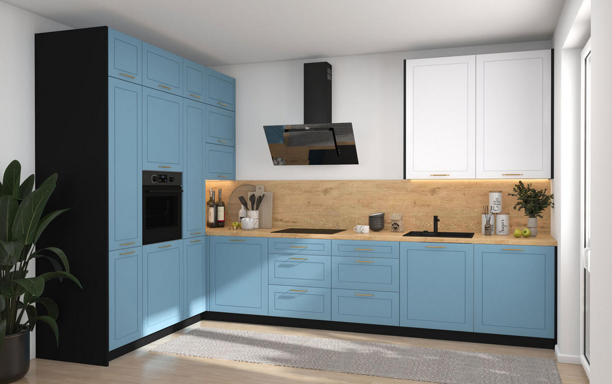 L-FORM KÜCHENZEILE Bari (16-tlg) Schwarz / Pastellblau - Signalweiß - Blau, Holzwerkstoff/Metall (347/243/202cm) - Feldmann-Wohnen