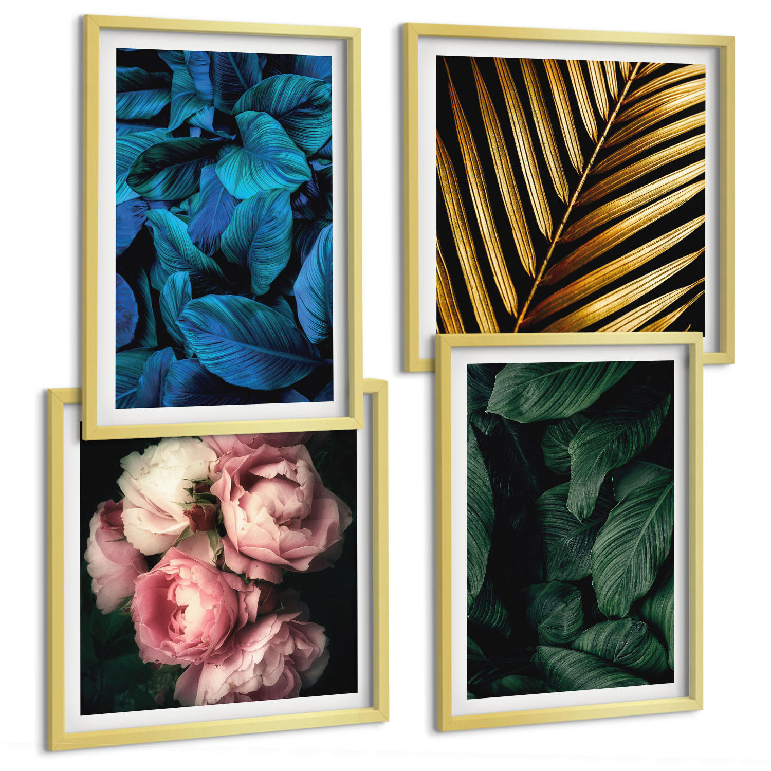 BILDER SET 4er Set - 50x50 cm & 40x60 cm Goldrahmen - Blätter und Blüten in verschiedenen Farben - Goldfarben, Kunststoff (50/50cm) - TULUP
