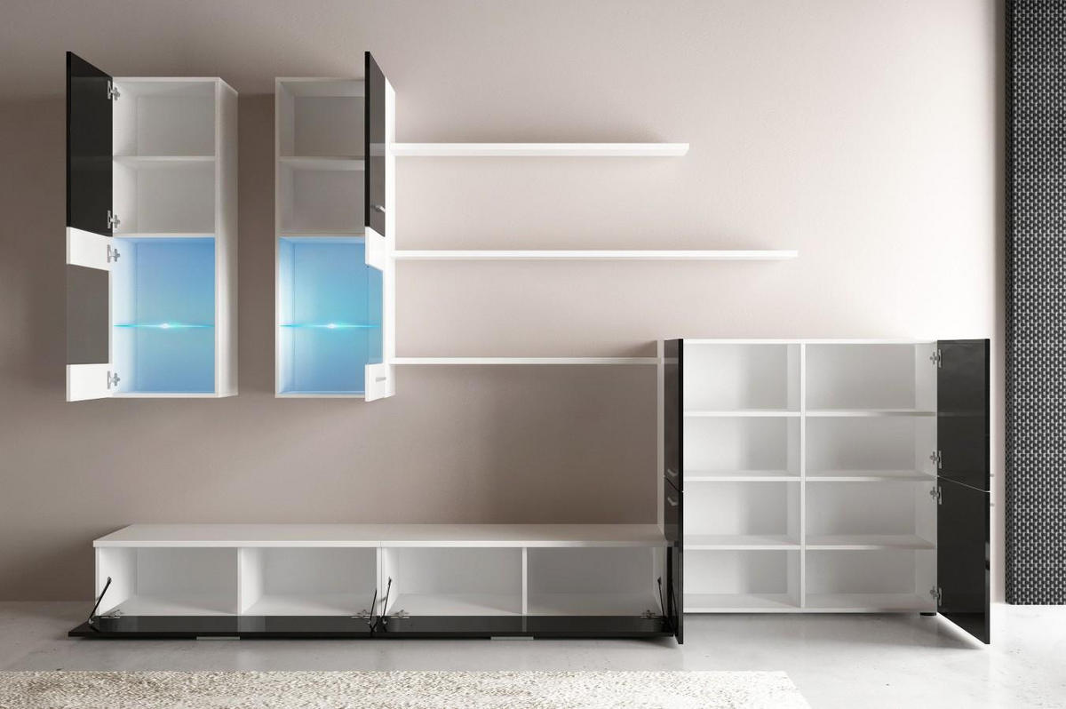 WOHNWAND mit LEDs, weiß, schwarz lackiert, 300/42/189cm - Weiß Hochglanz/Schwarz, Holzwerkstoff/Kunststoff (300/189/42cm) - Skraut Home