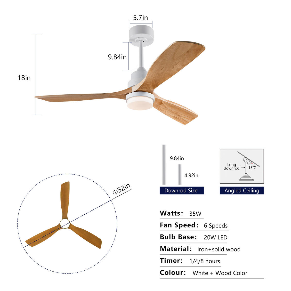 DECKENVENTILATOR DE-16243 52 Zoll mit Massivholzflügeln & Fernbedienung Naturholz - Naturfarben, Holz/Metall (132/132/37cm) - ComfortXL