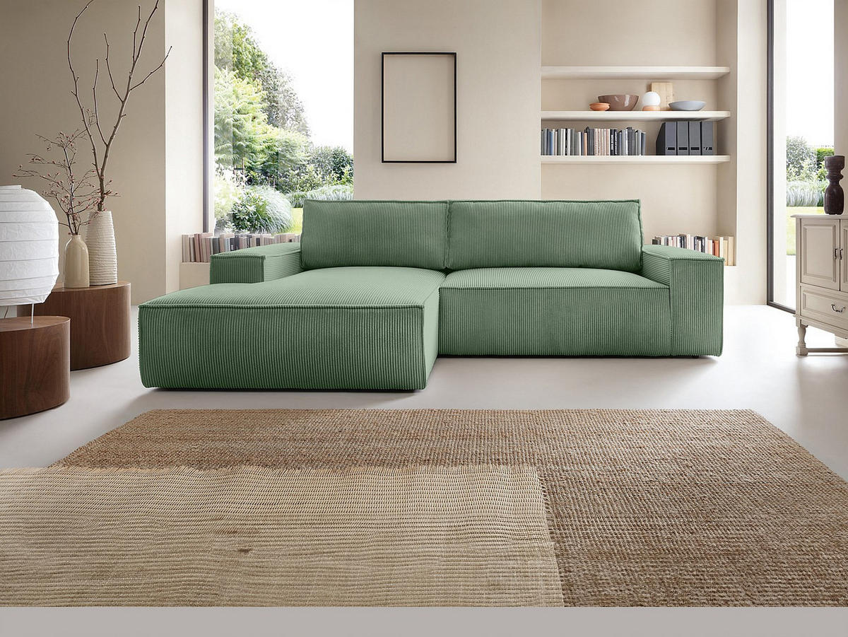 ECKSOFA mit Schlaffunktion - Ecke links - Cord - Mandelgrün - AMELIA - Grün, Textil (167/267cm) - Vente-Unique