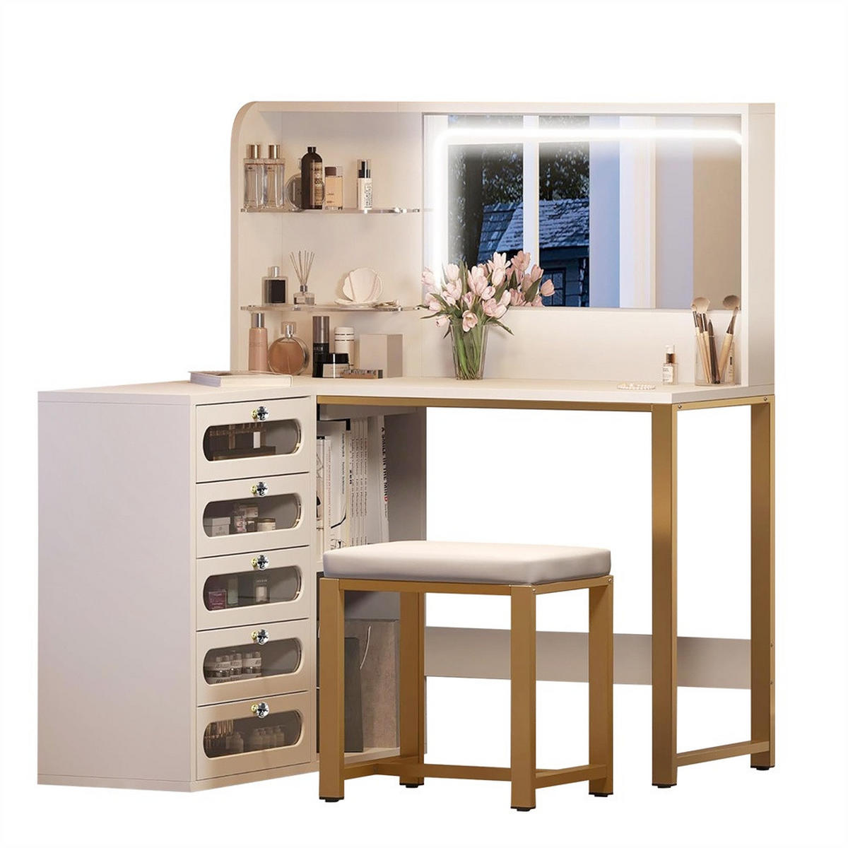 SCHMINKTISCH - Frisiertisch in L-Form mit LED-Beleuchtung - 5 Schubladen und Hocker - Weiß und Gold - Weiß, Holzwerkstoff (80/135/120cm) - DELFA