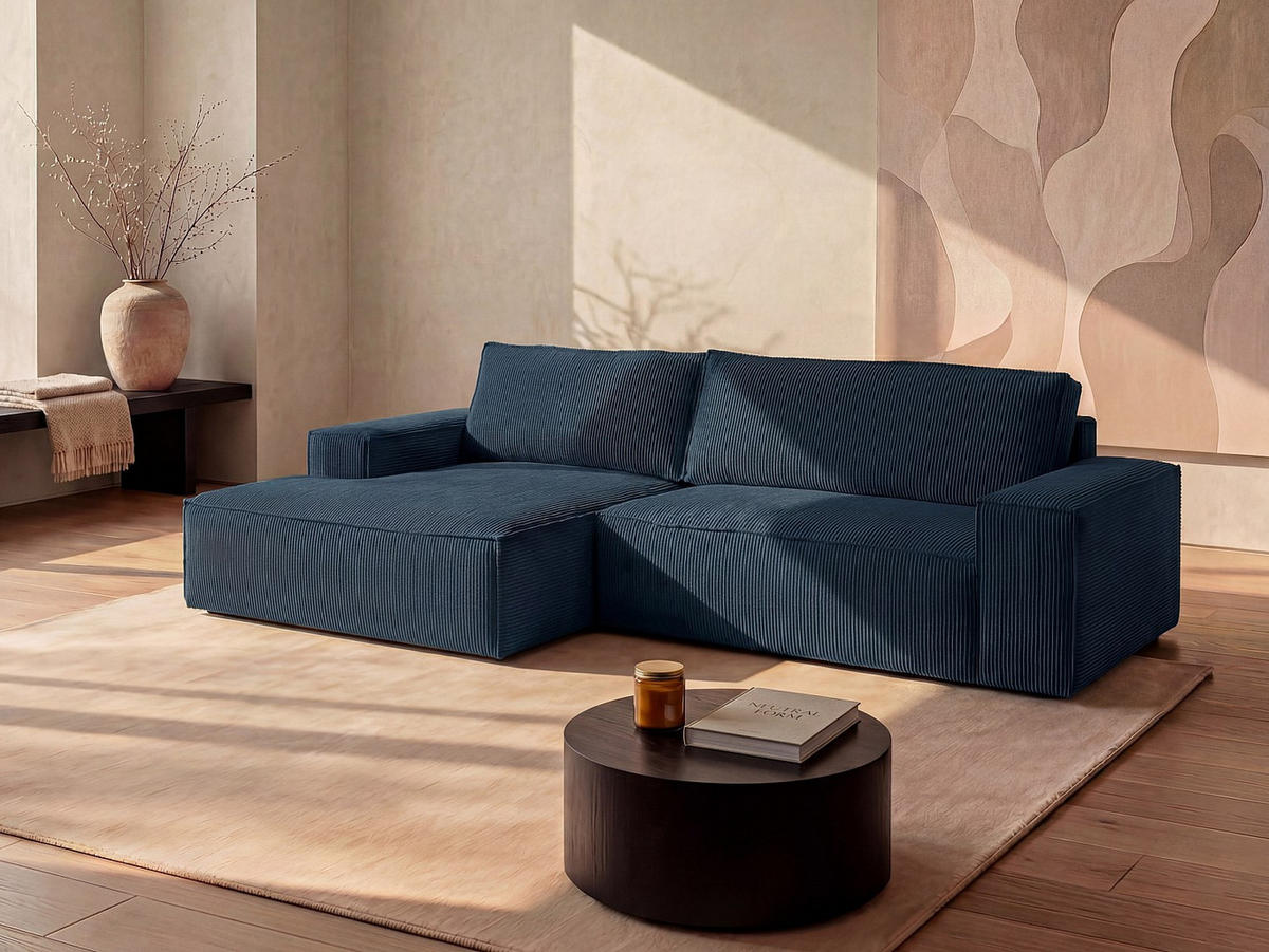 ECKSOFA mit Schlaffunktion - Ecke Links - Cord - Blau - AMELIA - Dunkelblau, Textil (267/167cm) - Vente-Unique