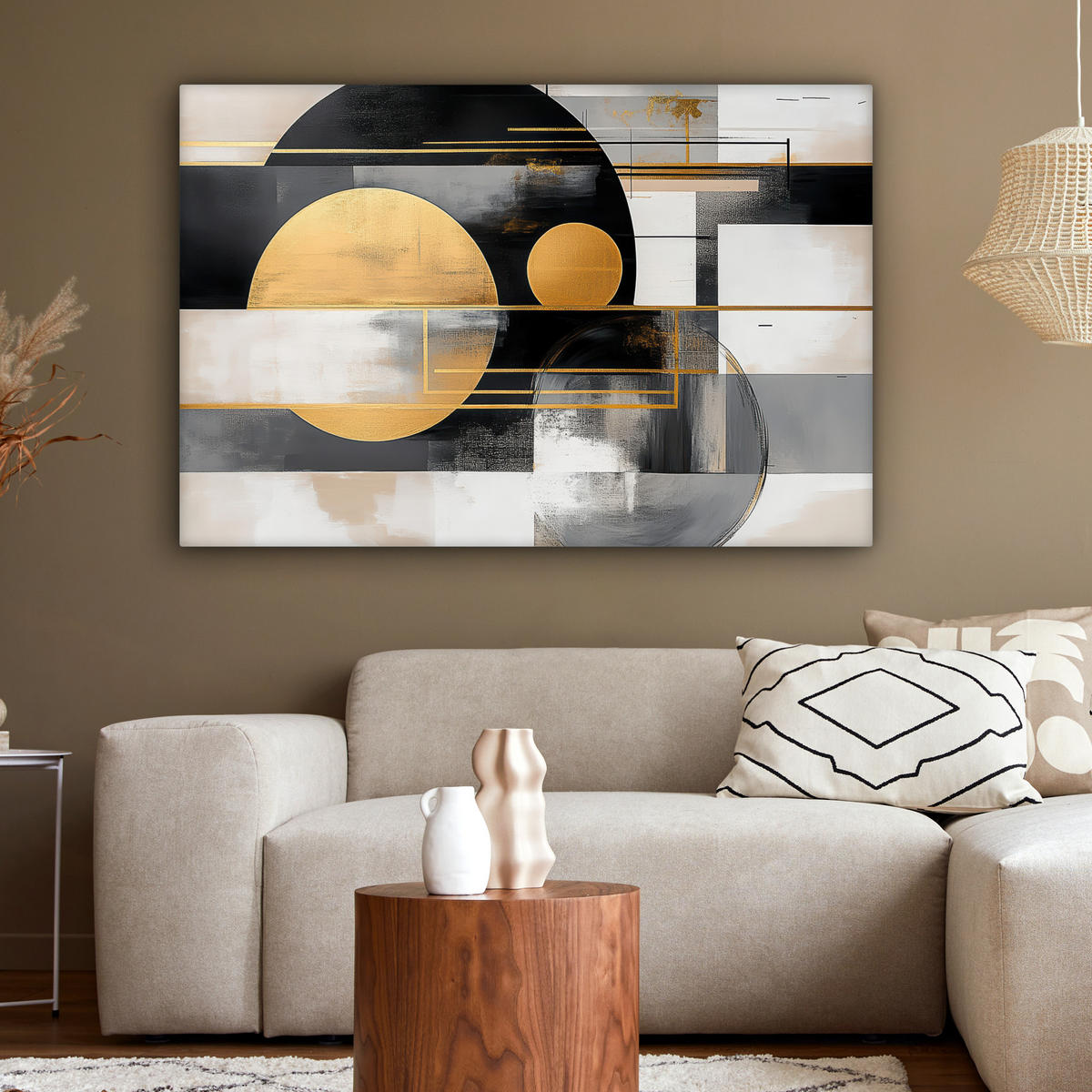 LEINWANDBILD Abstrakt - Gold - Silber - Formen - Ästhetisch - Modern XXL 150x100 cm - Goldfarben, Textil (150/100cm) - MuchoWow