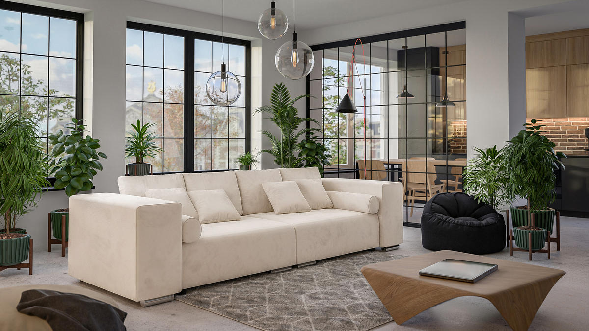 BIGSOFA Kami Microfaser Beige - Silberfarben/Creme, Kunststoff/Textil (290/80/110cm) - S-Style Möbel