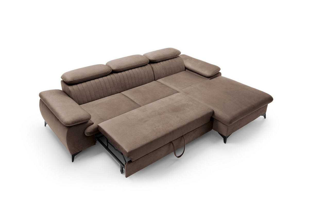ECKSOFA FIORE Braun Velours-Stoff mit Schlaffunktion - Braun, Holz (280/193cm) - MASSENO