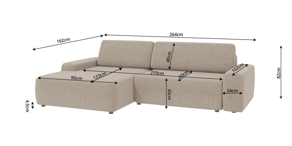 ECKSOFA Lopez Beige Samt-Stoff - Beige/Schwarz, Holz/Kunststoff (264/162cm) - S-Style Möbel