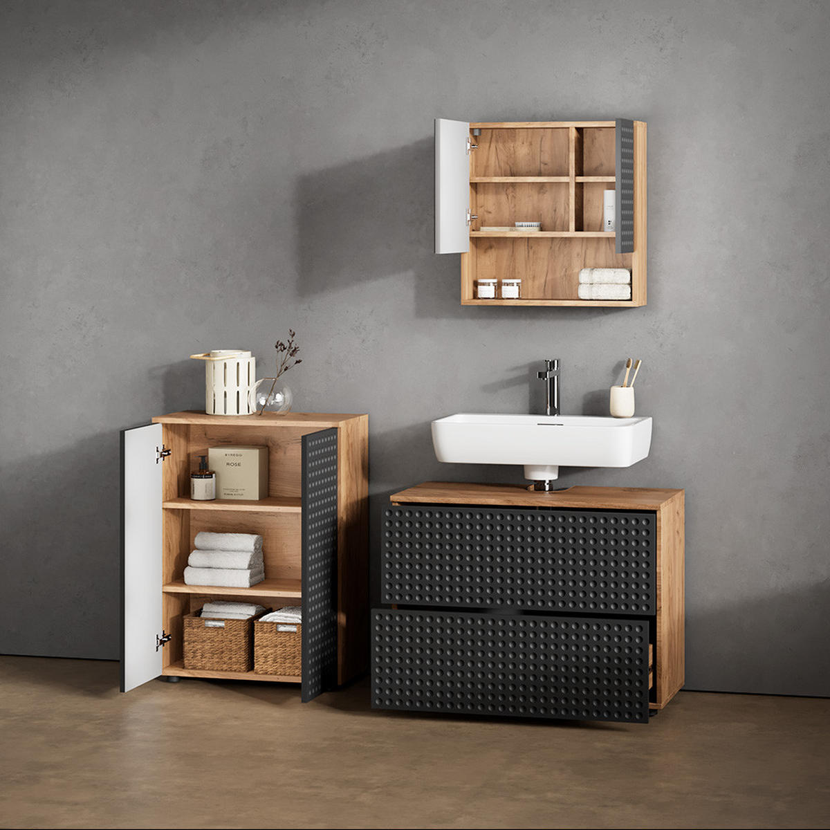 MIDISCHRANK Ronco Anthrazit gepunktet 60 x 81 cm - Eichefarben/Anthrazit, Holzwerkstoff (60/81/30cm) - Livinity®