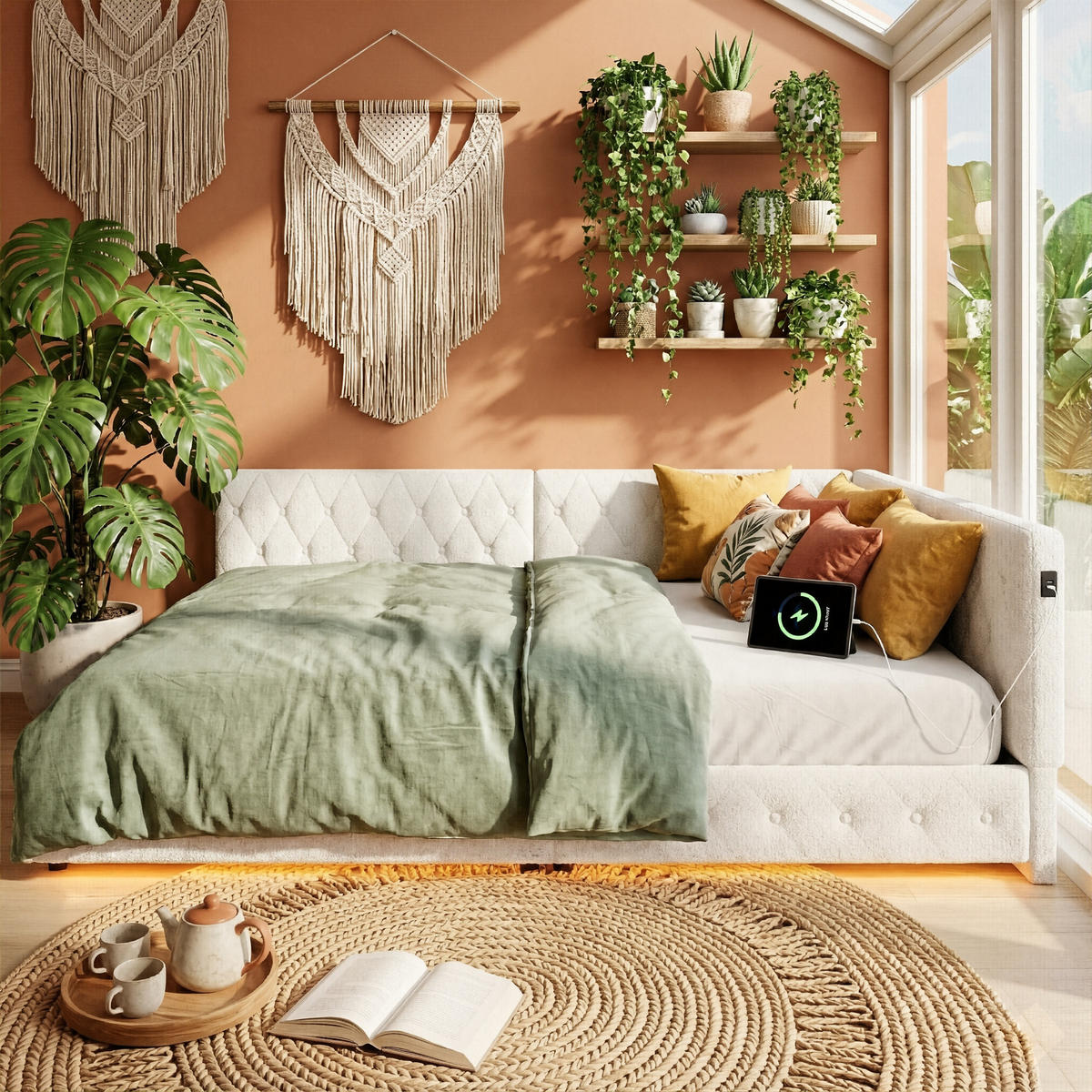 POLSTERBETT Modern 140/200 cm mit L-Eckpolsterung & LED Teddy-Plüsch Beige - Beige, Textil (140/200cm) - Creahappy