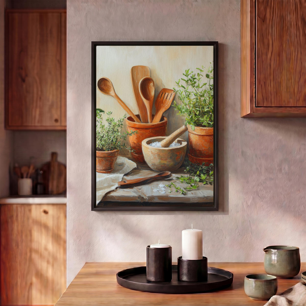 LEINWAND Bilder mit Rahmen - Töpfe - Kräuter - Holz - 30x40 - Terracotta, Textil (30/40cm) - MuchoWow