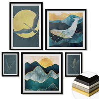 WANDBILDER 5er-Set - 50x50 cm & 20x30 cm & 40x60 cm Schwarzer Rahmen - Vögel, Kraniche, Mond, Berge - Schwarz, Kunststoff (40/60cm) - ArtPrintCave