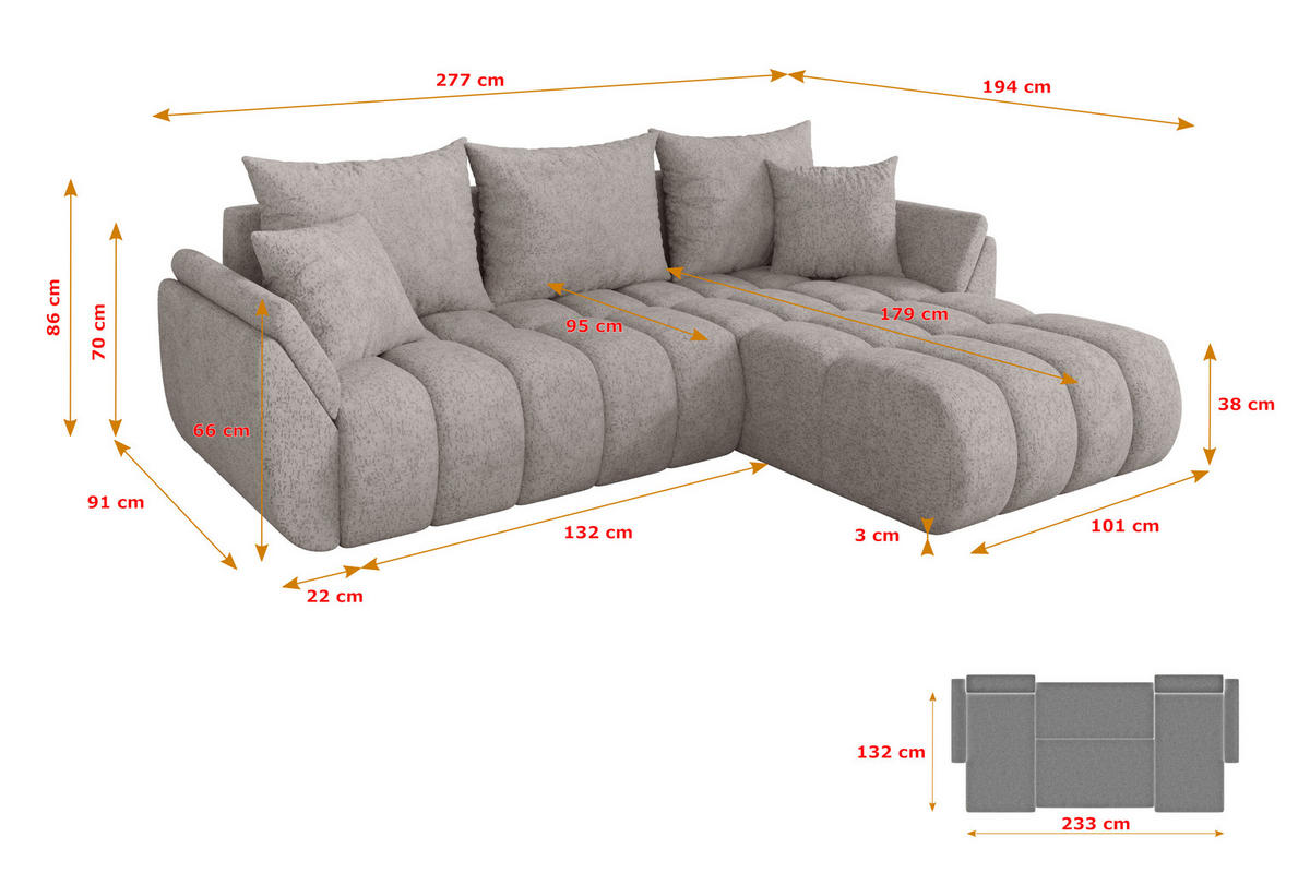 ROHOVÁ SEDAČKA s funkcí spaní, otoman vpravo TOKO-L-v1 277x194x86 světle šedá velur - černá/světle šedá, kompozitní dřevo/textil (277/194cm) - ALTDECOR