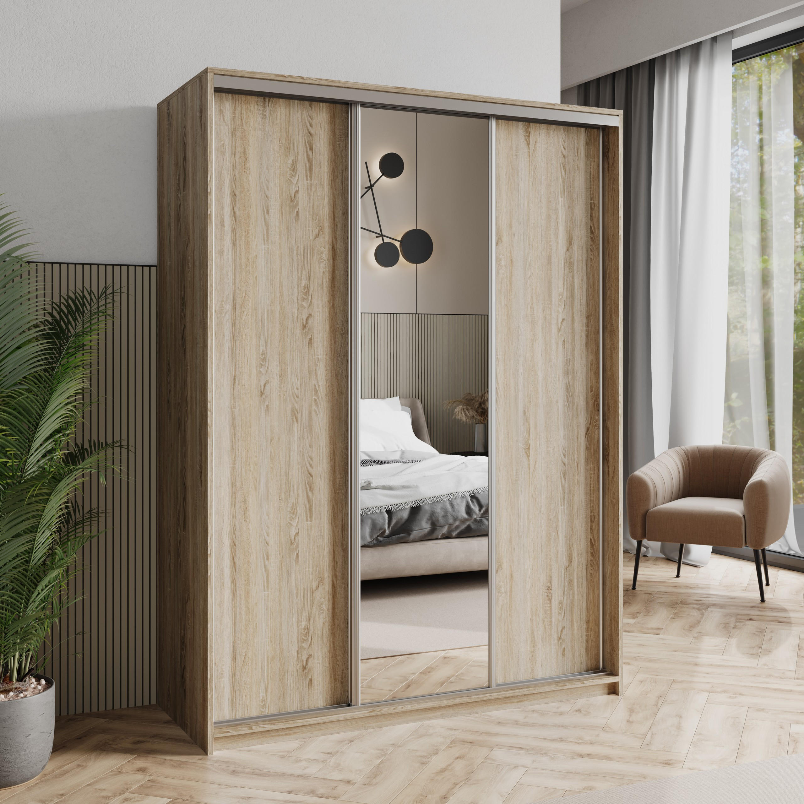 SCHWEBETÜRENSCHRANK TAVI 150/205/60 cm 3-türig mit Spiegel Sonoma Eiche - Sonoma Eiche, Holzwerkstoff (150/205/60cm) - MASSENO