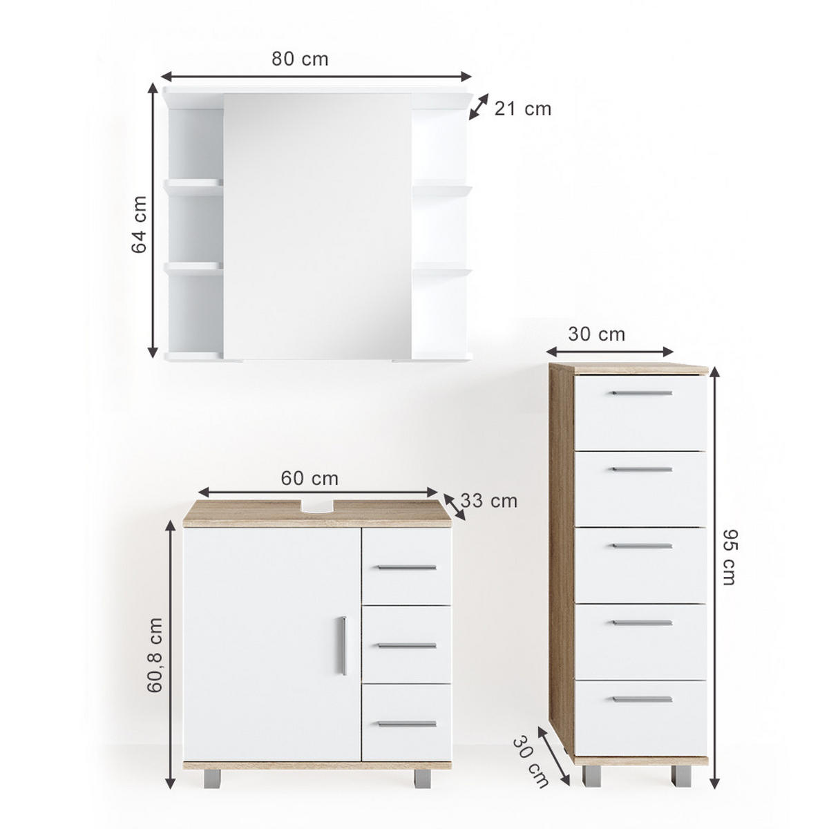 BADMÖBEL-SET Ilias Sonoma 3 Teile, mit Midischrank - Weiß/Sonoma Eiche, Holzwerkstoff (60/60.8/33cm) - Vicco