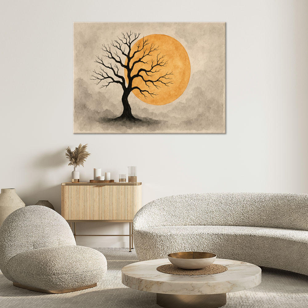 LEINWANDBILD Baum Aquarell Mond Minimalismus 90x60cm - Beige, Textil (90/60cm) - Feeby