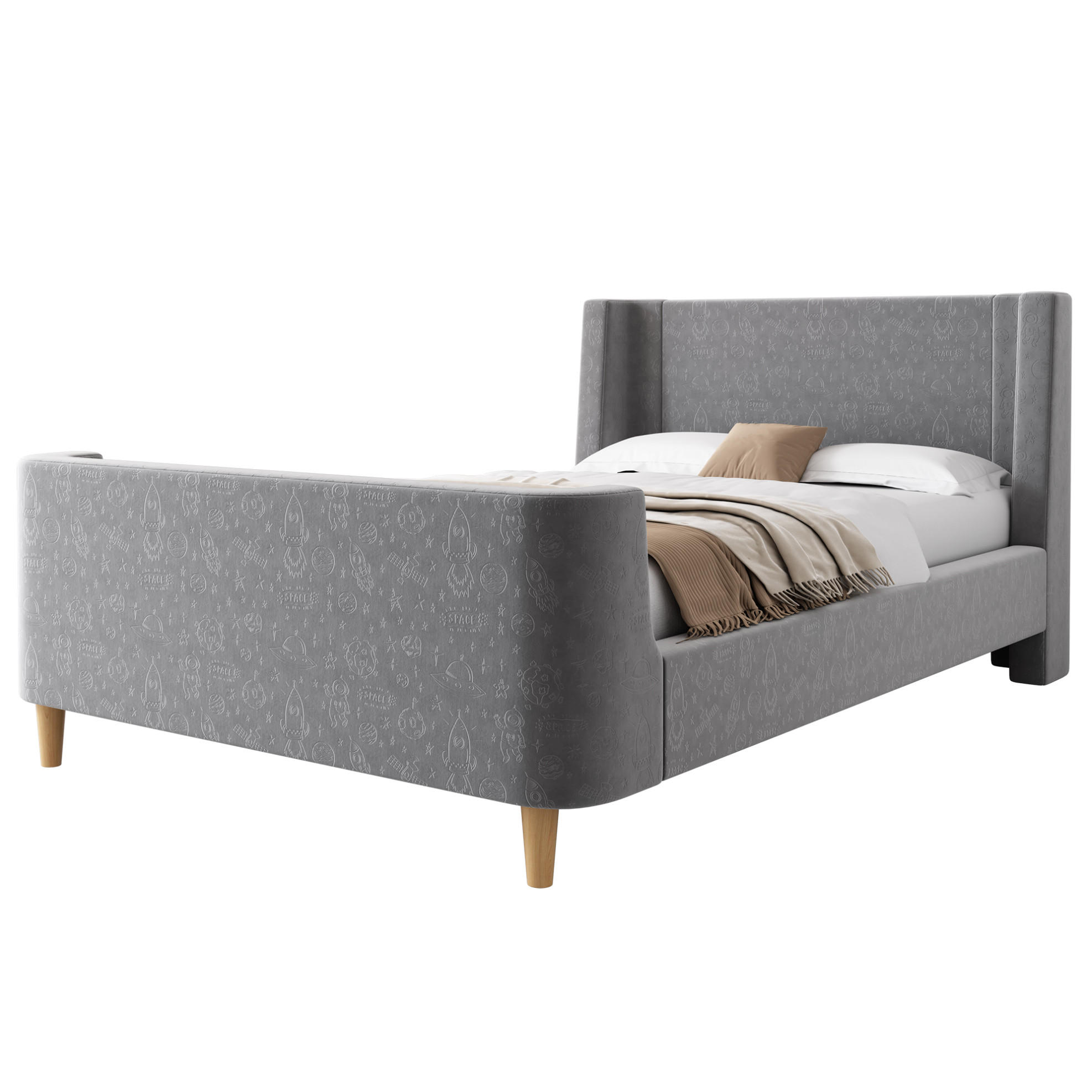 KINDERBETT 90/200 cm in Grau aus Samt mit Weltraummuster und Schlittenbett-Design - Grau, Textil (90/200cm) - Flora Grace