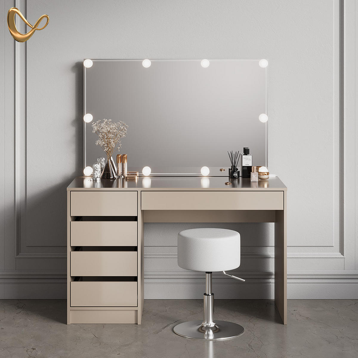SCHMINKTISCH Imola Greige mit LED Beleuchtung und Hocker - Greige, Holzwerkstoff (120/75/55cm) - Livinity®