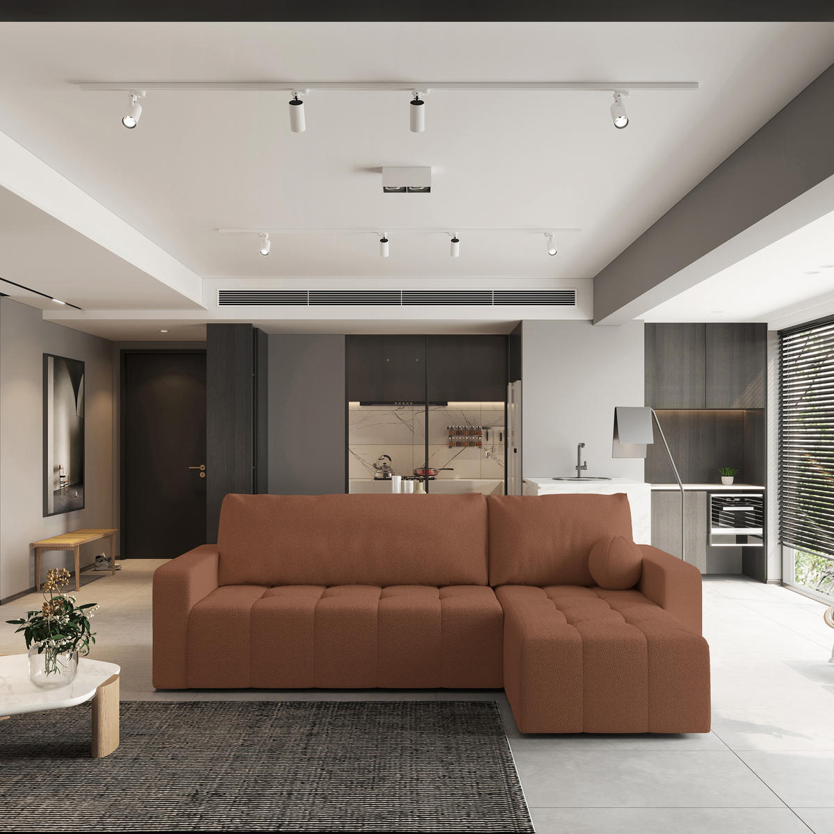 ROHOVÁ SEDAČKA VOLIRA měděná - šedá/měděná, dřevo/textil (230/143cm) - MASSENO