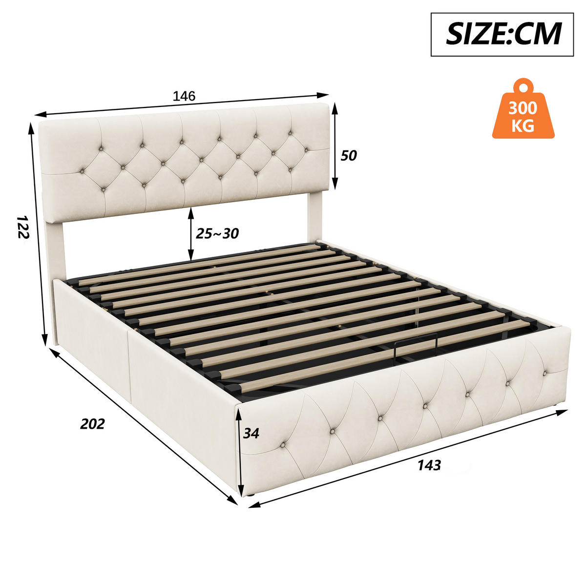 POLSTERBETT 140x200 cm mit Bettkasten und Hydraulik, Doppelbett mit Lattenrost und Kopfteil, Bett 140x200, Samtstoff, Beige - Beige, Textil/Metall (140/200cm) - GENKI LIVING