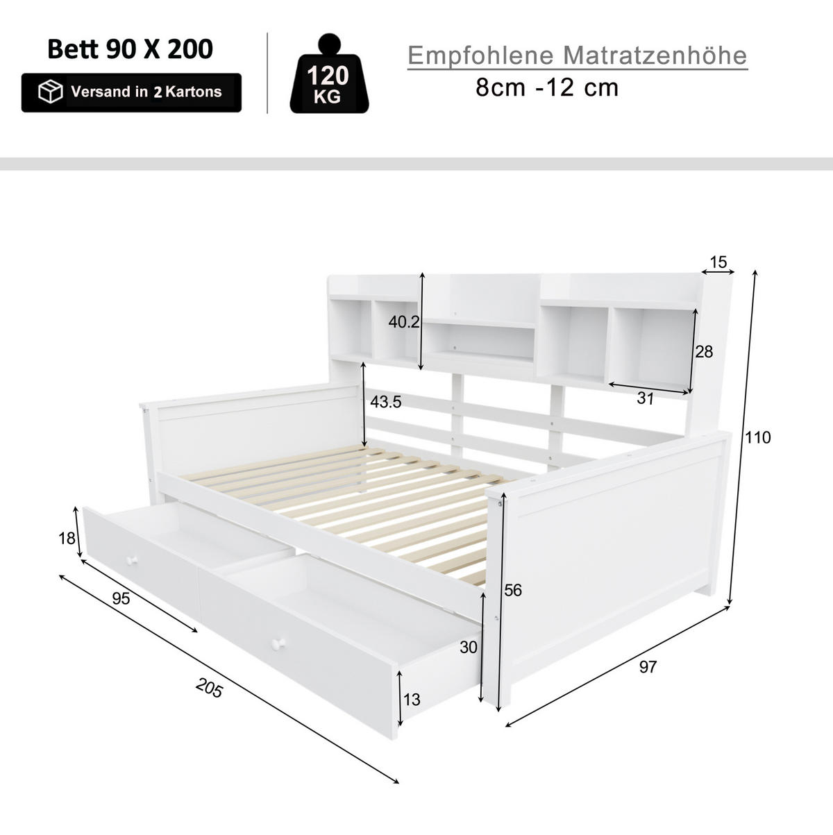 SCHLAFSOFA 90/200 cm mit 2 Schubladen, Seitenregalen und Lattenrost aus Massivholz, Weiß - Weiß, Holzwerkstoff (97/110/205cm) - Redom