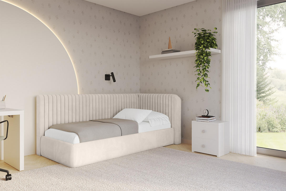 EINZELLBETT Jugendbett mit Bettkasten und Matratze H3/H4, Links - AURY 100x200 Beige - Ecru, Holzwerkstoff/Textil (100/200cm) - ALTDECOR