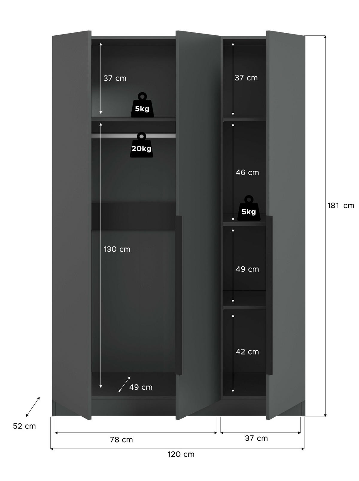 KLEIDERSCHRANK grau 3-türig 120 x 181 cm, Drehtürenschrank mit Kleiderstange - Schwarz/Grau, Holzwerkstoff/Kunststoff (120/181/52cm) - Inn.Furn