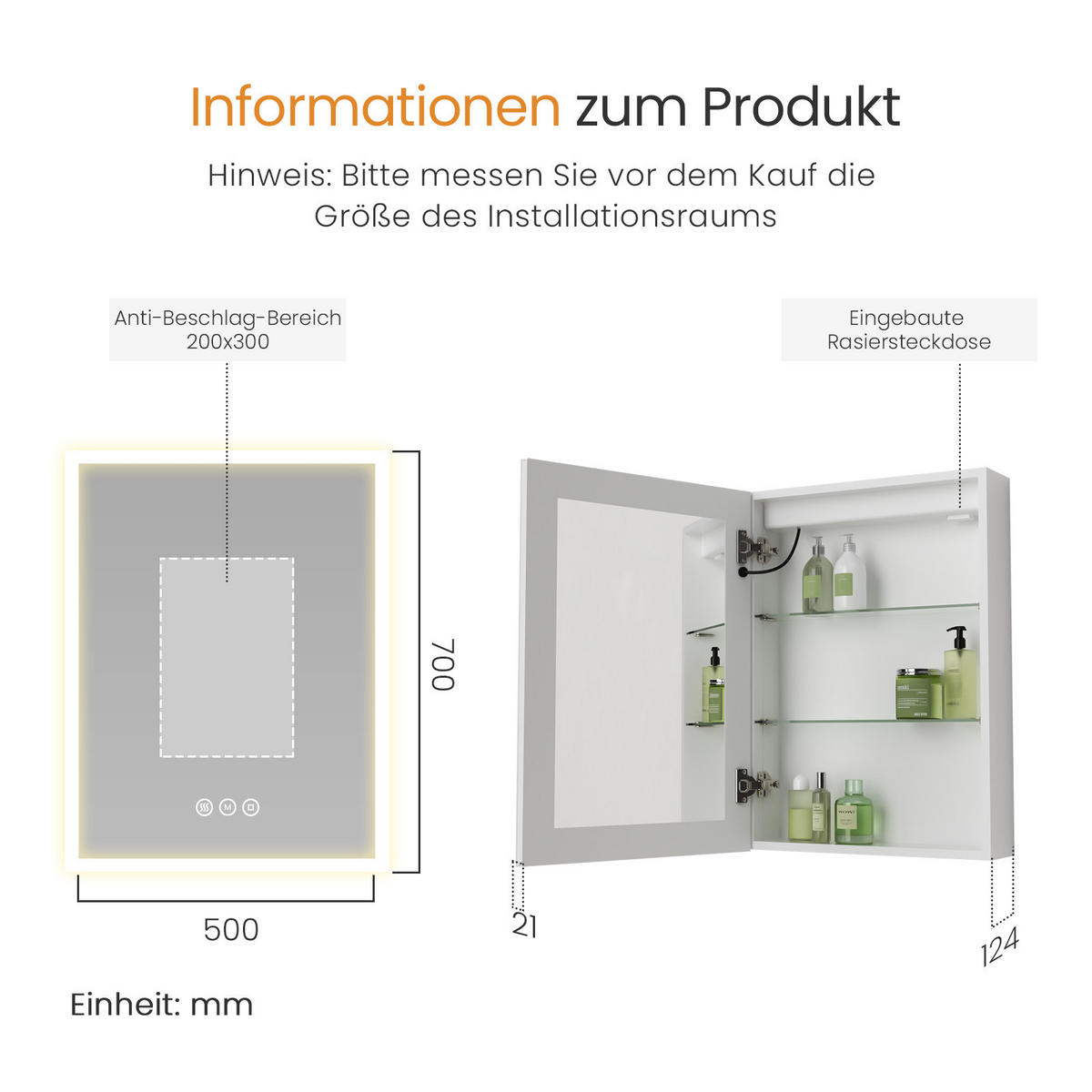 SPIEGELSCHRANK mit Beleuchtung silberweiß 70/50/14,5 - Weiß, Metall (50/70/70cm) - EMKE