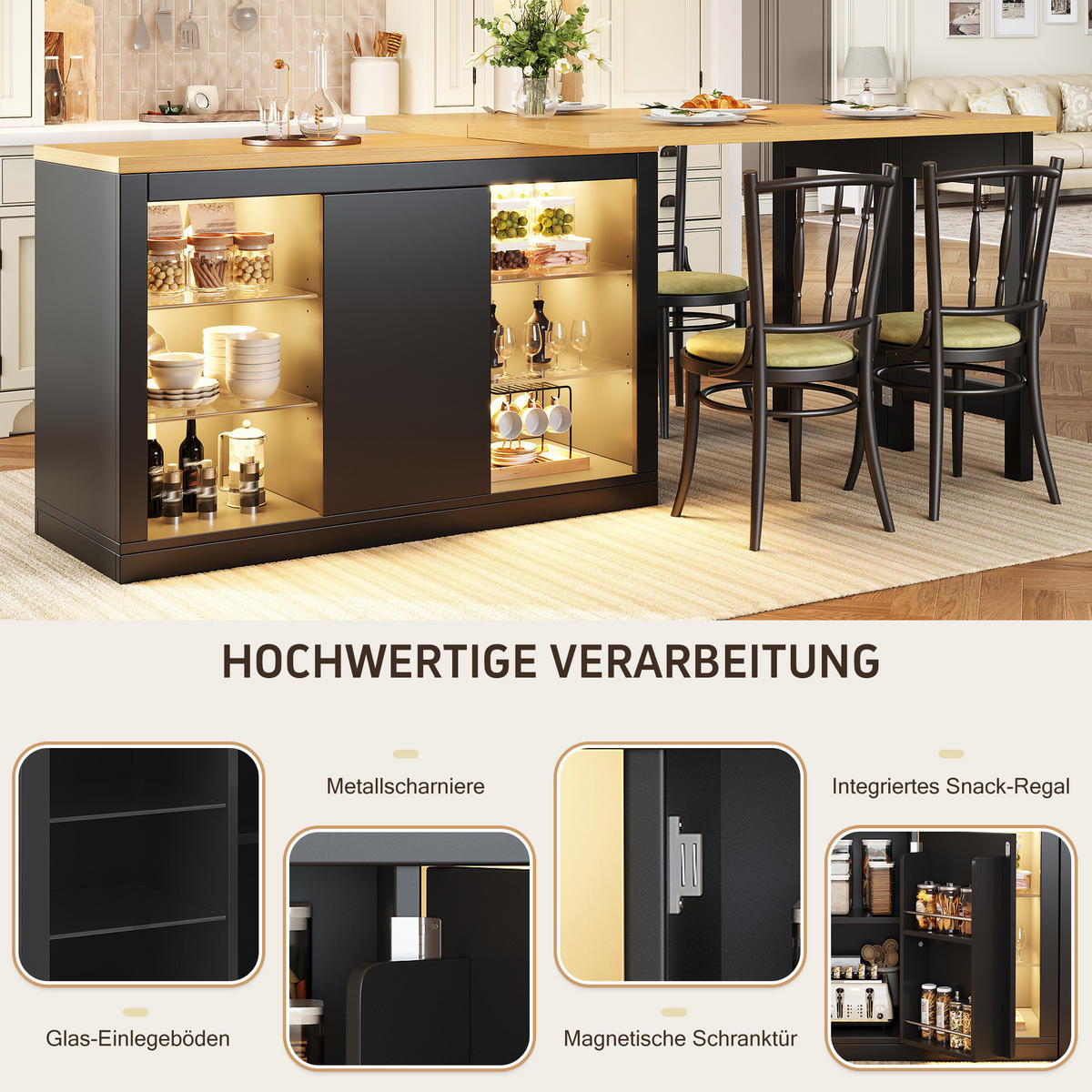 ESSTISCH Ausziehbar 120–197cm 360° RGB LED Stauraum - Schwarz, Holzwerkstoff (40/120/72cm) - FLIEKS