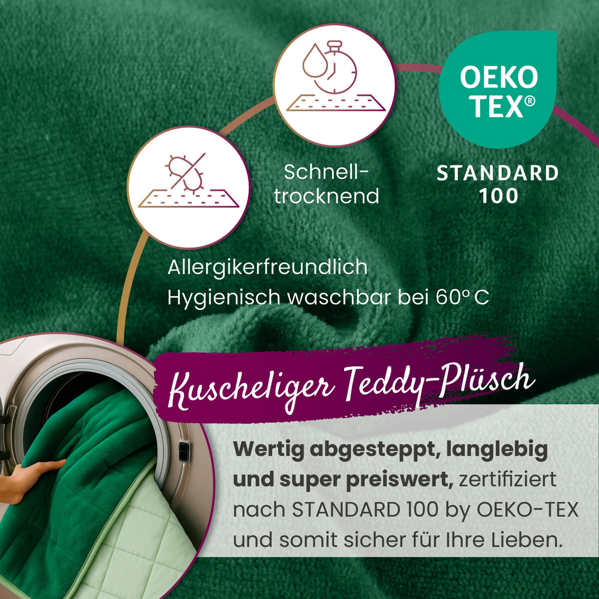 PLÜSCH Steppbett Bi-Color grün 155x220 - Grün, Textil (155/220cm) - wometo