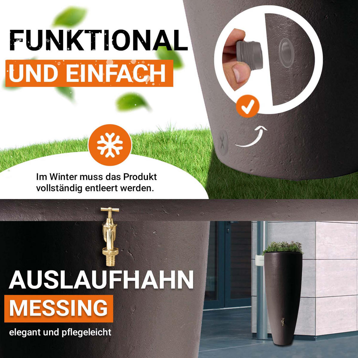 2IN1 Regentonnen Komplett-Set 300 L mocca inkl. Messing-Auslaufhahn und Fallrohranschluss - Mokka, Kunststoff (62/145/62cm) - GARANTIA