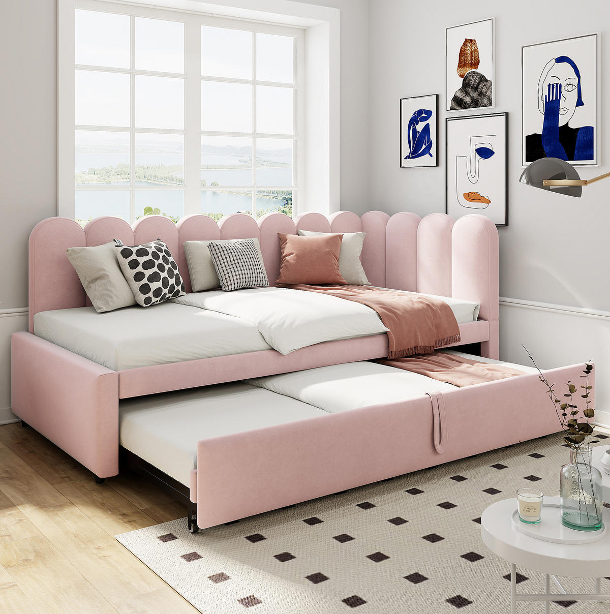 POLSTERBETT 90/200 cm mit Ausziehbett, L-Form und Samtbezug, Rosa - Rosa, Textil (90/200cm) - Redom