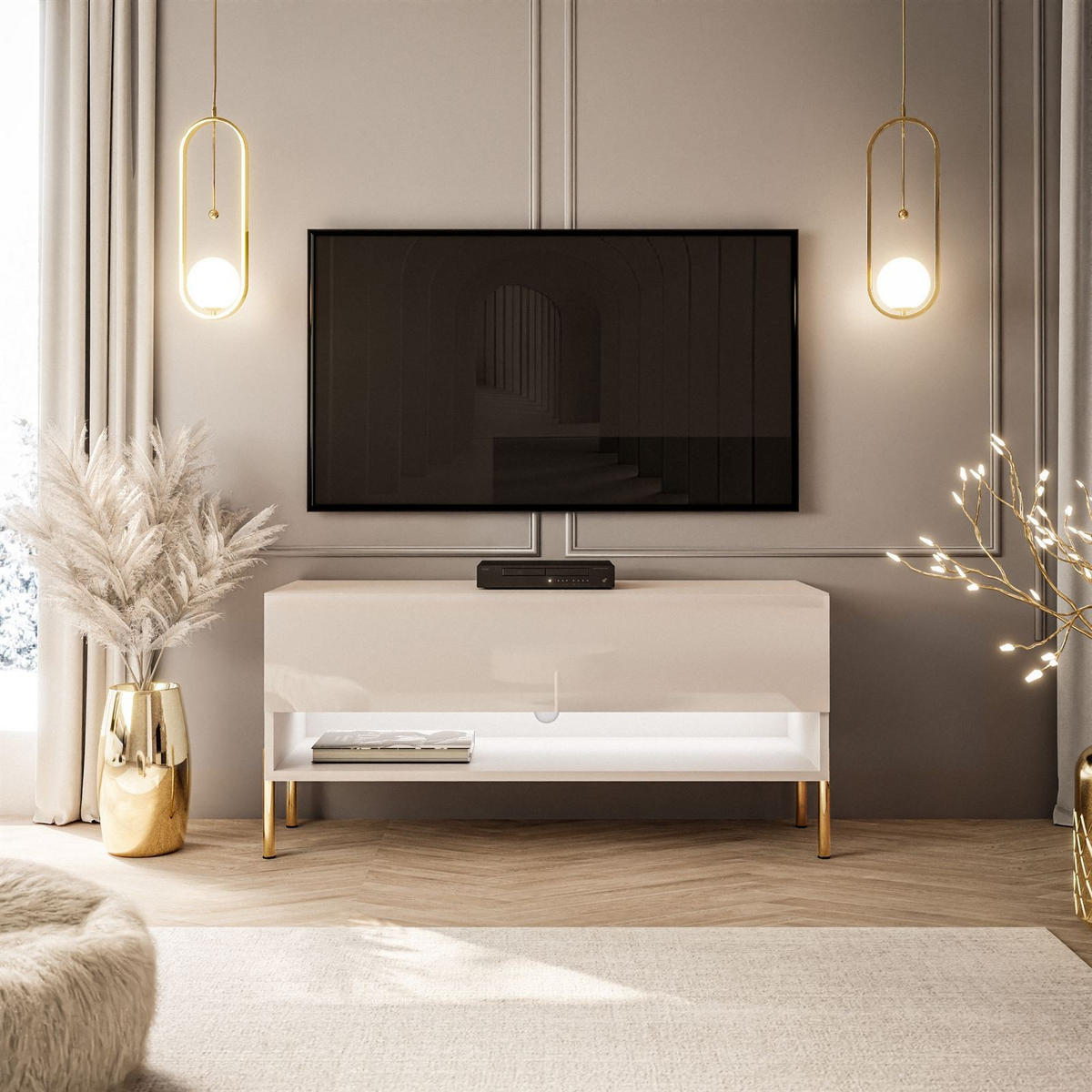 LOWBOARD TV-Schrank CALANTE 90 cm auf geraden goldenen Chrom-Beinen - Beige/Goldfarben, Holzwerkstoff/Metall (90/44/35cm) - Lookway