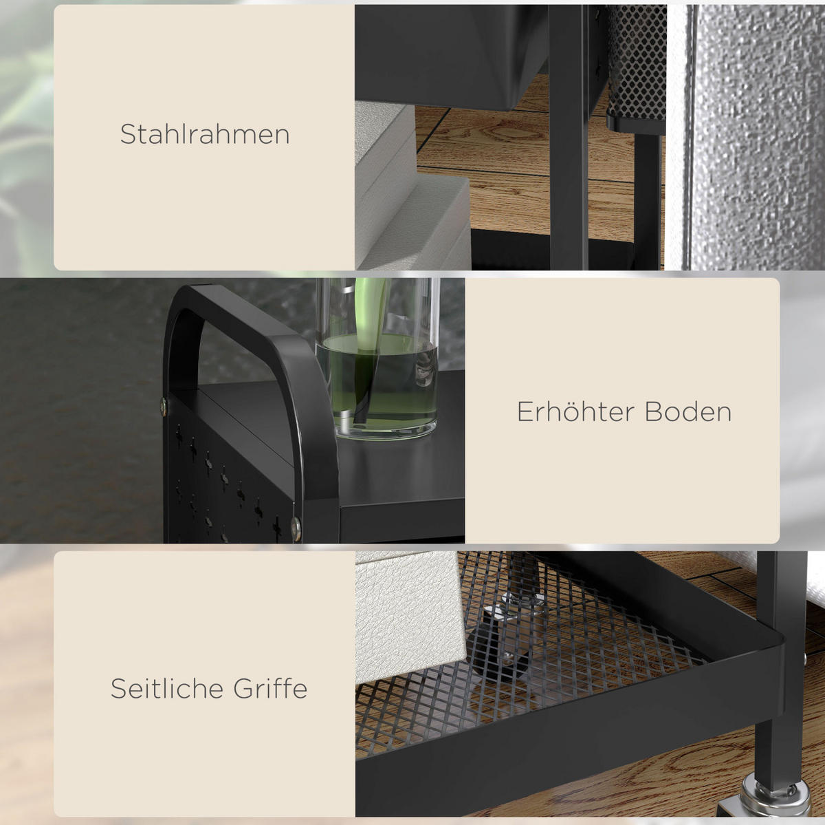 ROLLWAGEN mit Schublade und Ablage 61 x 32,6 x 58,5 cm Schwarz - Schwarz, Kunststoff (32.6/58.5/61cm) - Beauniv