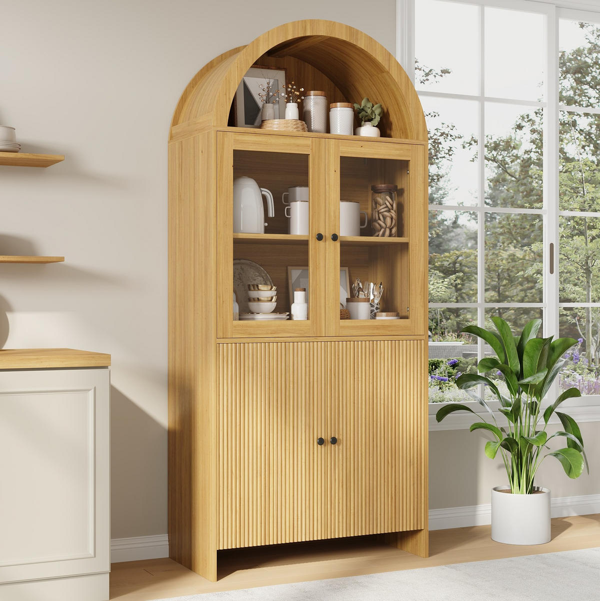 VITRINA od iverala 78x40x176 cm prirodna boja sa staklenim vratima, zatvorenim spremištem i valovitim frontama - prirodne boje, drvni materijal (78/176/40cm) - Modfu