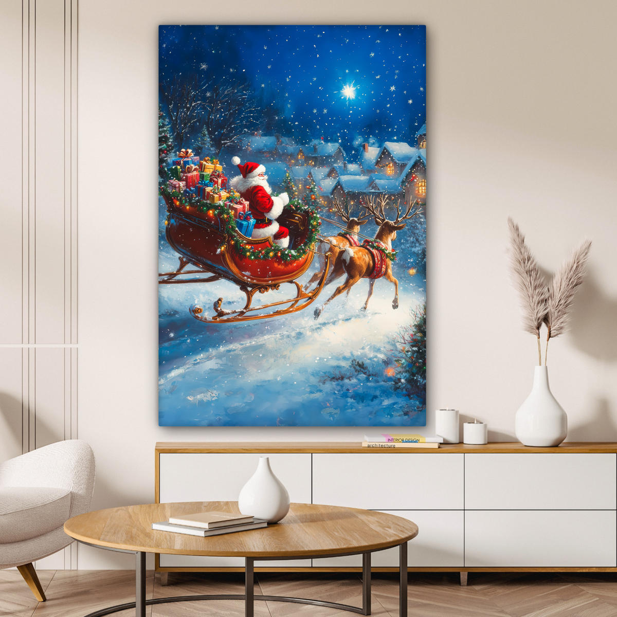 LEINWANDBILD Weihnachtsmann - Rentier - Weihnachten - Schnee Deko Groß 90x140 cm - Cognac, Textil (90/140cm) - MuchoWow