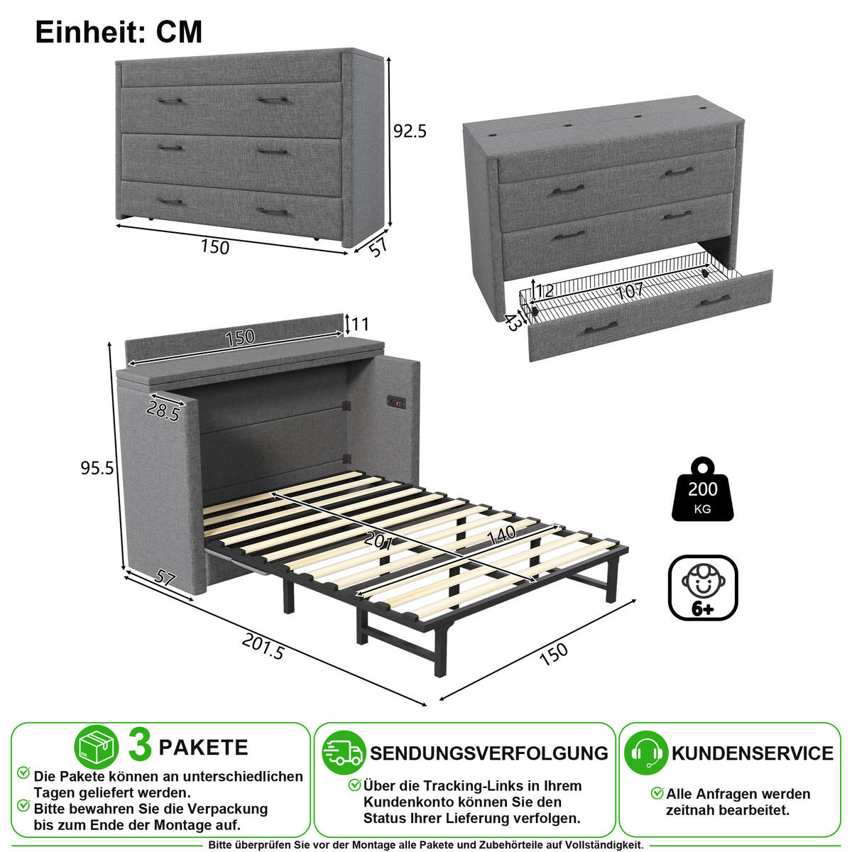 SCHRANKBETT 140/200 cm in Grau Leinen mit Schublade, USB und Typ-C - Grau, Holz/Holzwerkstoff (140/200cm) - CHICFURN