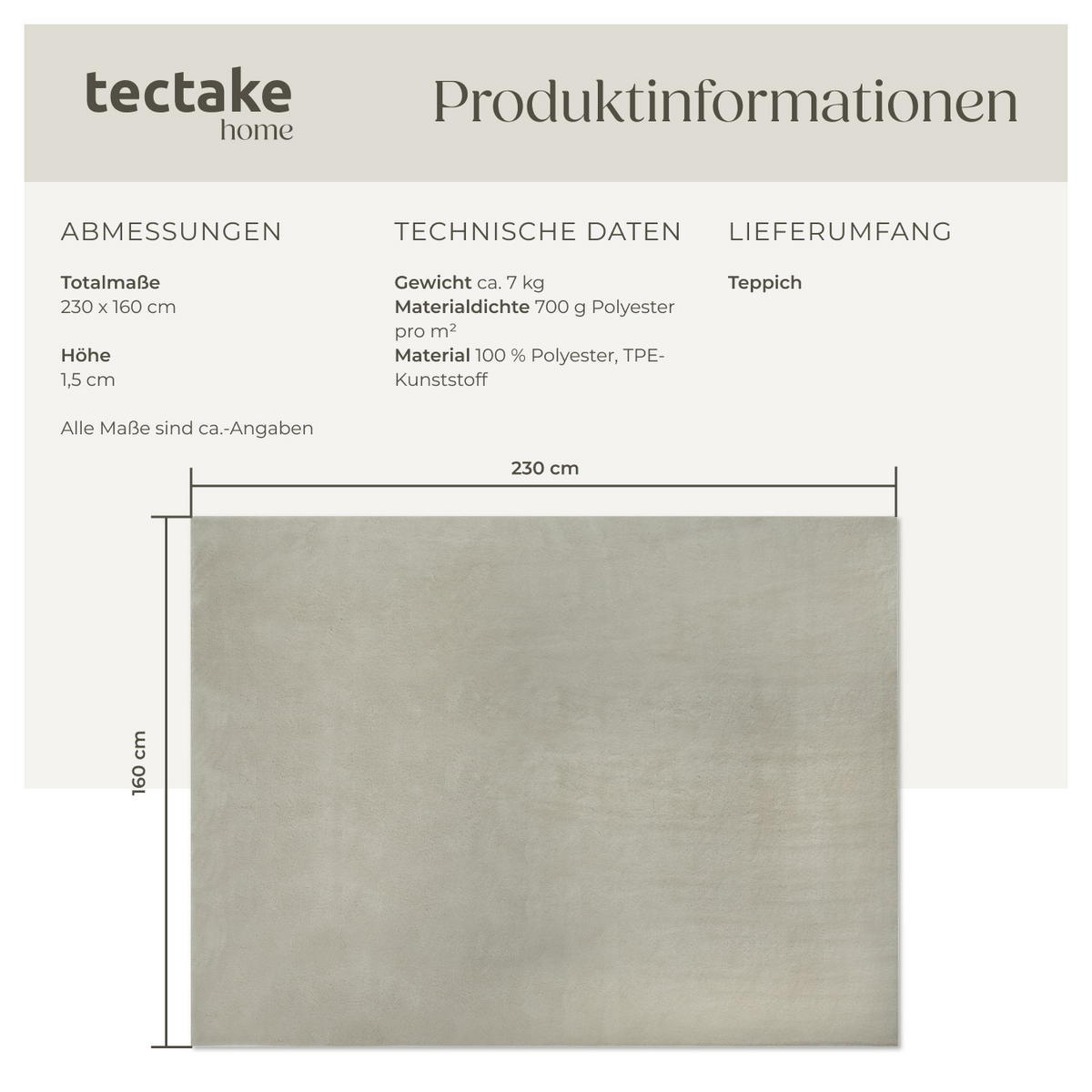 KURZFLORTEPPICH Soft Zone,rutschfeste Unterseite,Sand - Sandfarben, Textil (230/160cm) - tectake