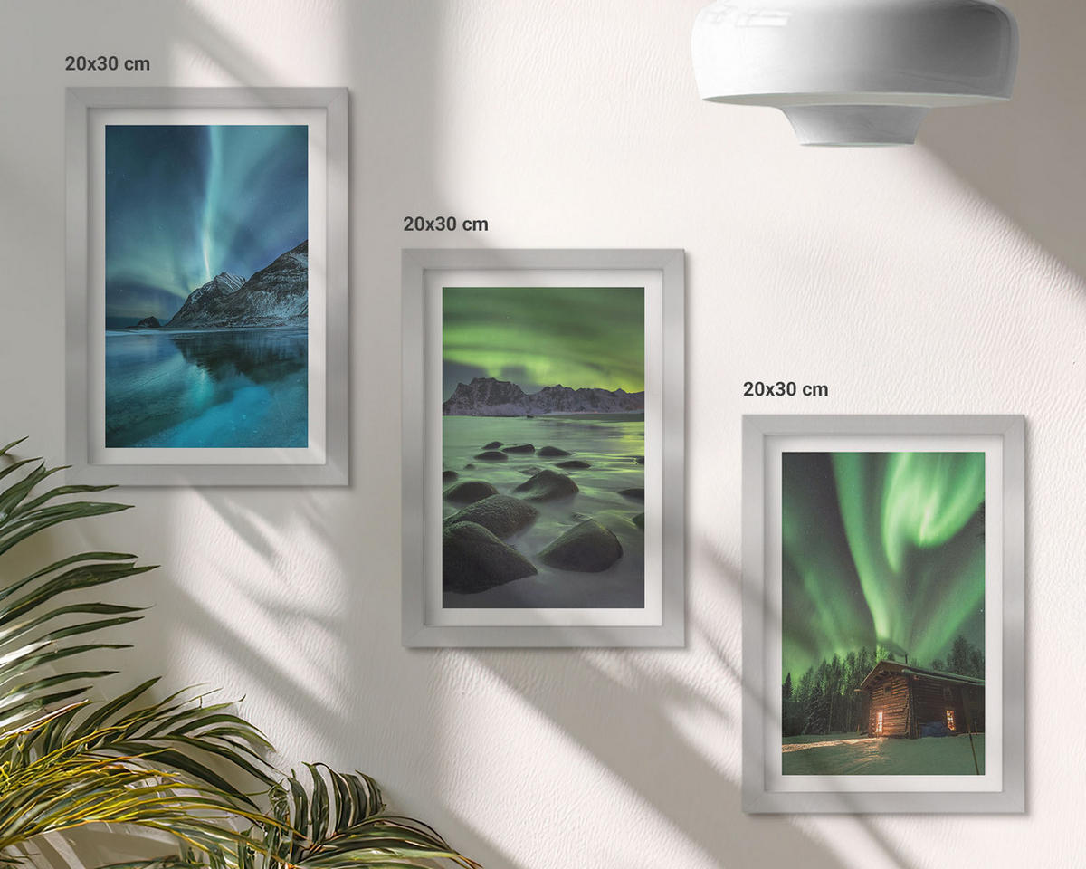 WANDBILDER 3er Set - 20x30 cm Silberner Rahmen - Winterlandschaften, Nordlichter, Berge - Silberfarben, Kunststoff (20/30cm) - ArtPrintCave