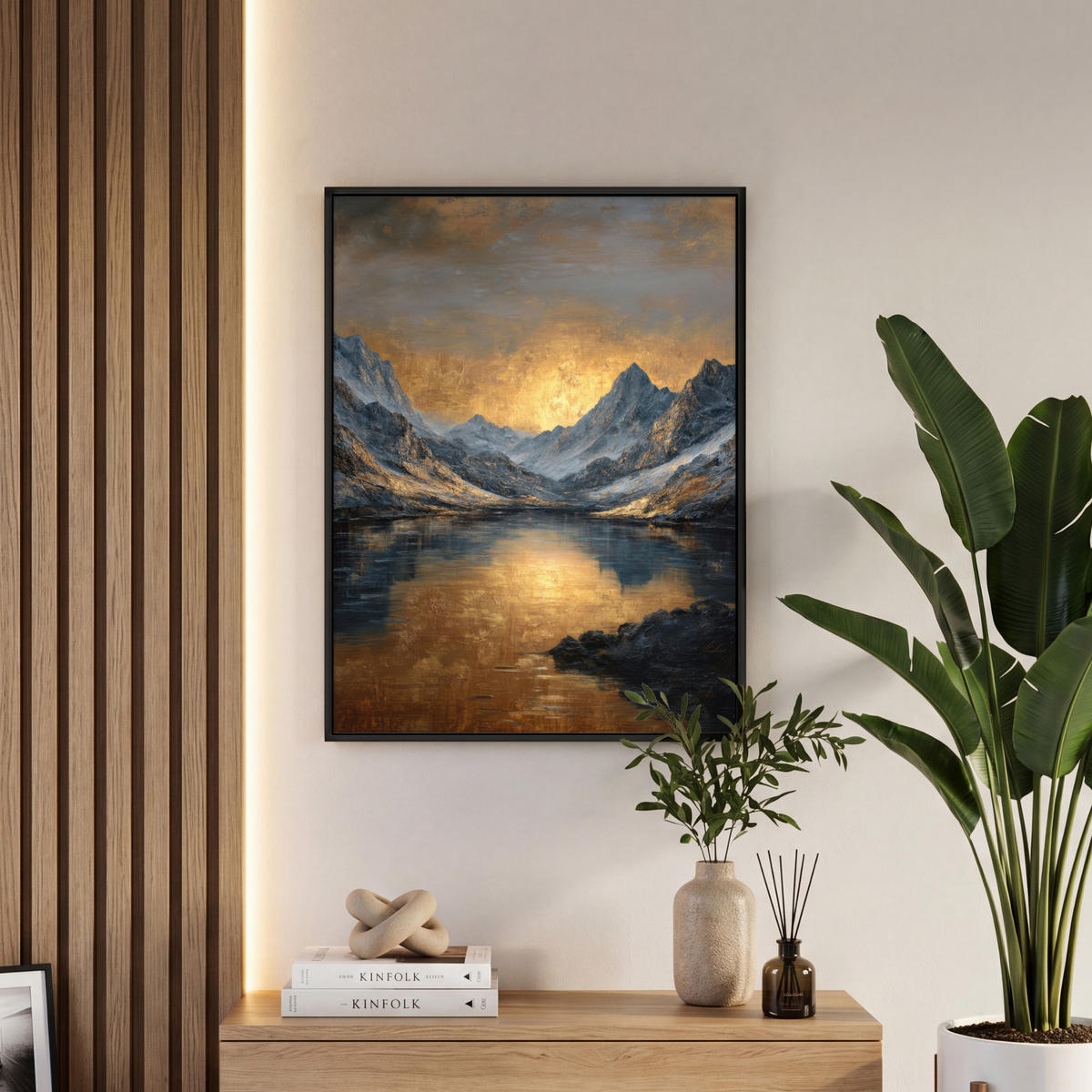 LEINWAND Bilder mit Rahmen - Bergkulisse mit goldenem Sonnenuntergang - 50x70 - Goldfarben, Textil (50/70cm) - MuchoWow