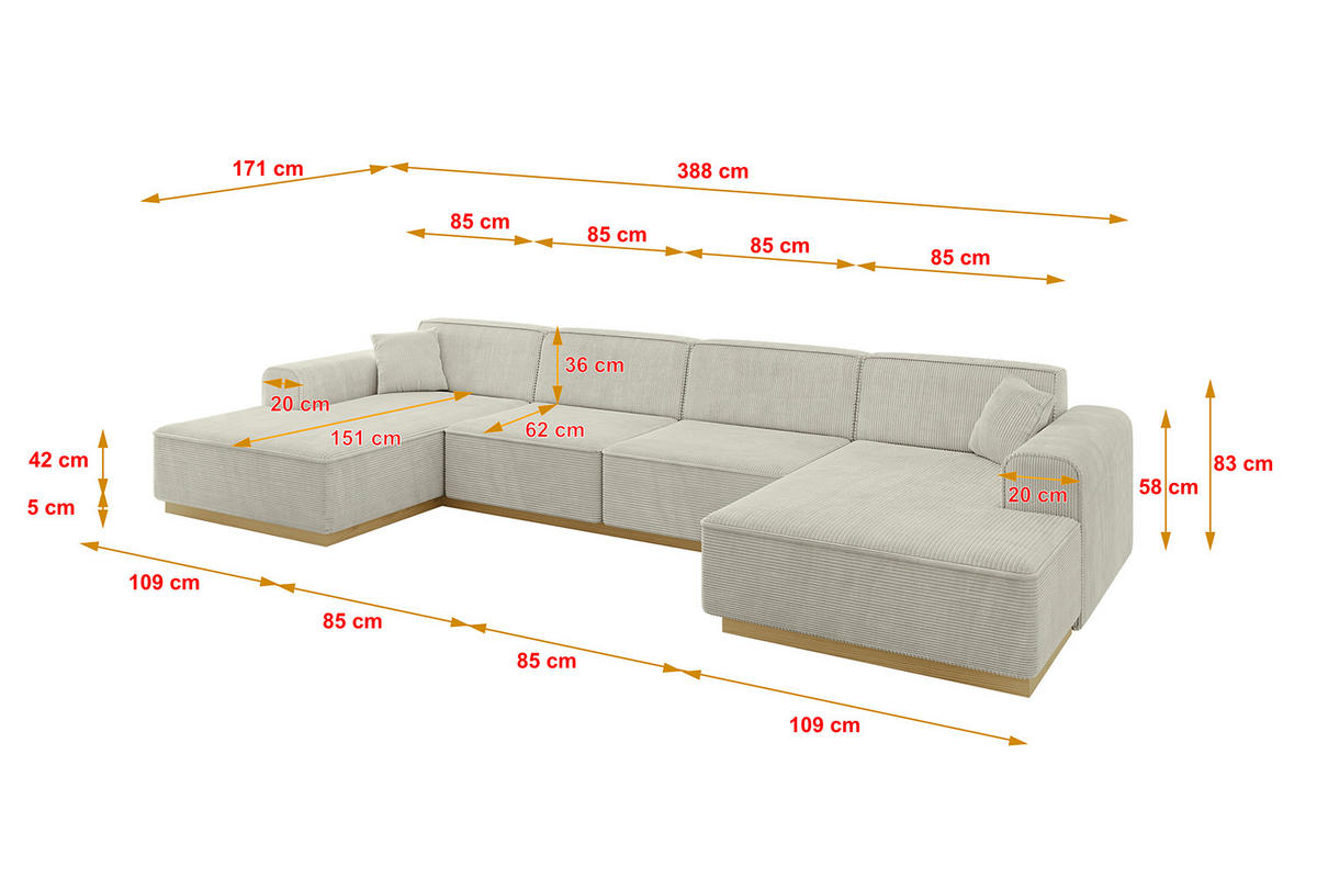 WOHNLANDSCHAFT IREA-U2-v2 - 388x171x83 cm Hellgrau - Ecru, Holzwerkstoff/Textil (388/83/171cm) - ALTDECOR