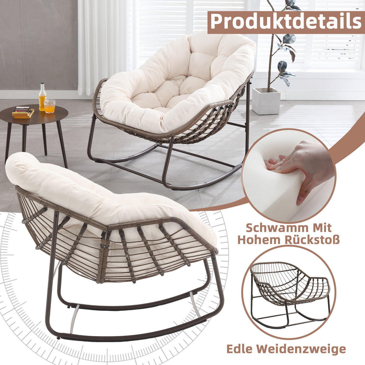 SCHAUKELSTUHL Schaukelsessel Garten,Rattanstuhl mit Stahlrahmen,Weiß-Polyester - Beige, Metall (94.5/80/111cm) - LVHOM