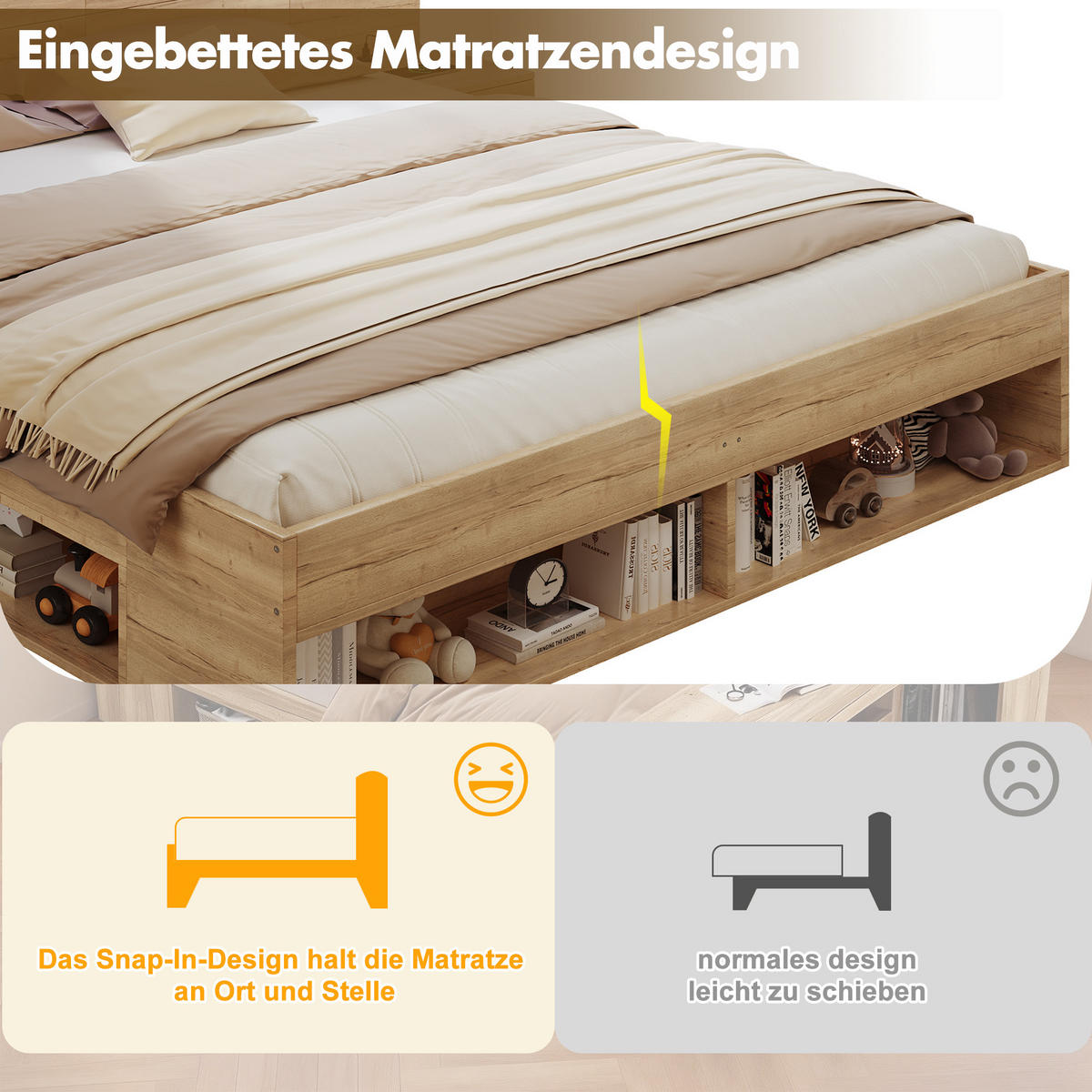 BETT 180/200 cm in Natur mit 2 Nachttischen, Schubladen, LED und USB MDF-Design - Naturfarben, Holzwerkstoff (180/200cm) - STILVORA