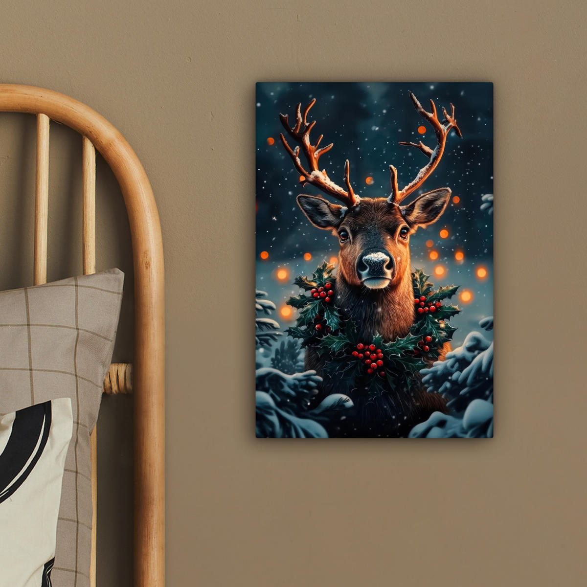 LEINWANDBILD Hirsch - Weihnachten - Winter - Schnee - Weihnachtskranz 20x30 cm - Dunkelbraun, Textil (20/30cm) - MuchoWow