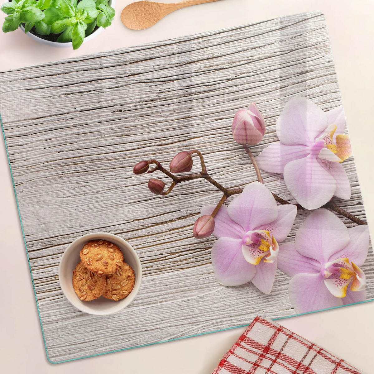 GLASPLATTE 60x52 cm Orchidee auf Holz - Beige, Glas (60/0.4/52cm) - TULUP
