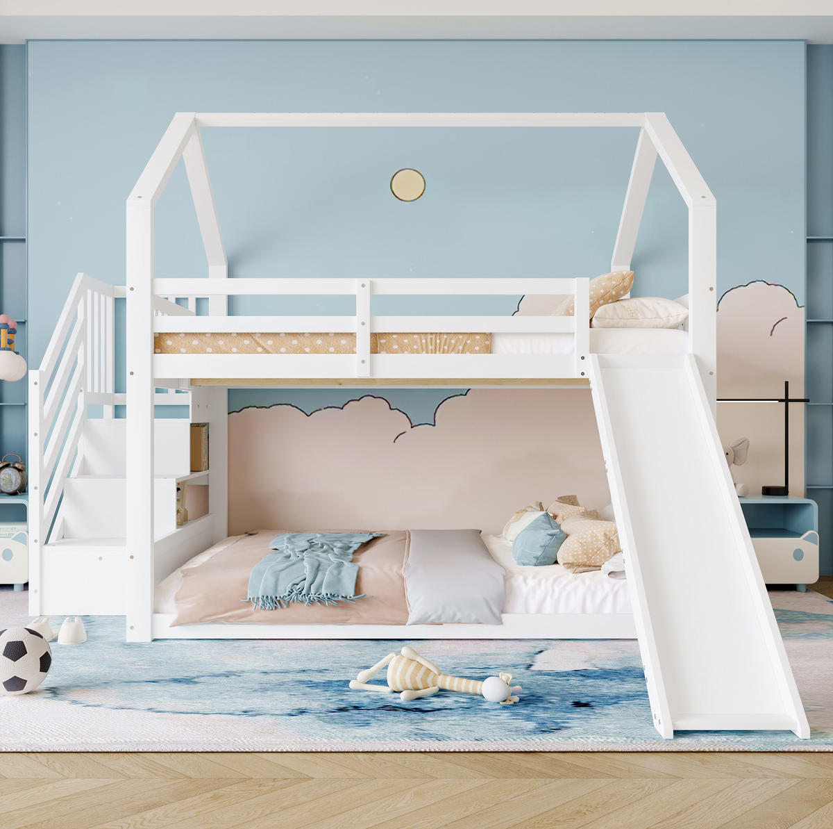 ETAGENBETT 140/200 cm weiß mit Stauraumtreppe und Rutsche - Weiß, Holz (140/200cm) - OKWISH