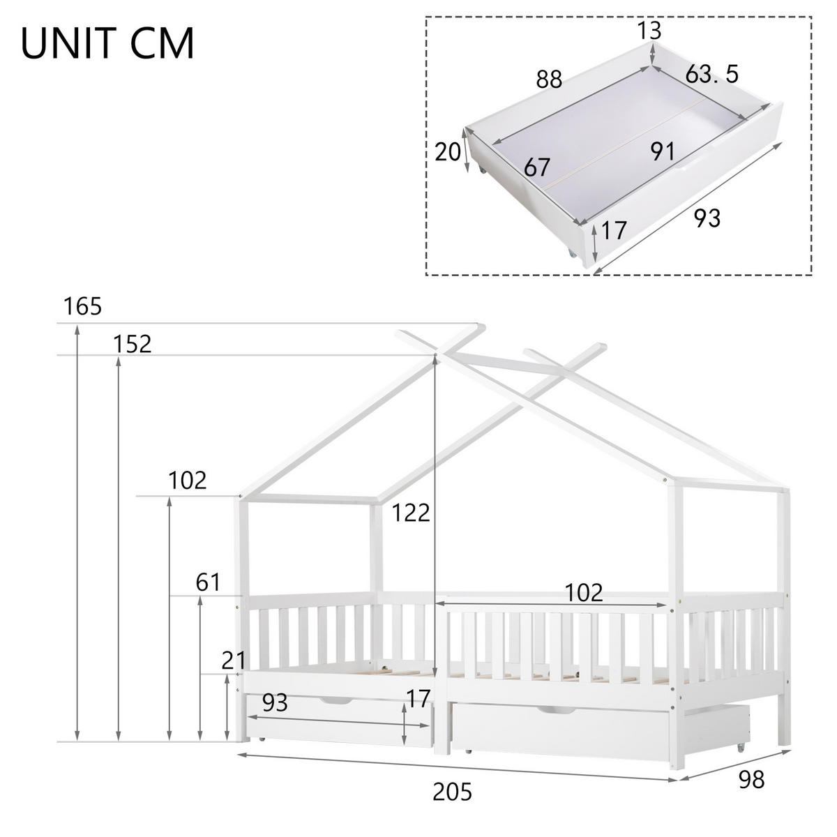 HAUSBETT aus Kiefer 90x200 cm Weiß mit 2 Schubladen, Zaun und Lattenrost - Weiß, Holzwerkstoff (90/200cm) - Modfu