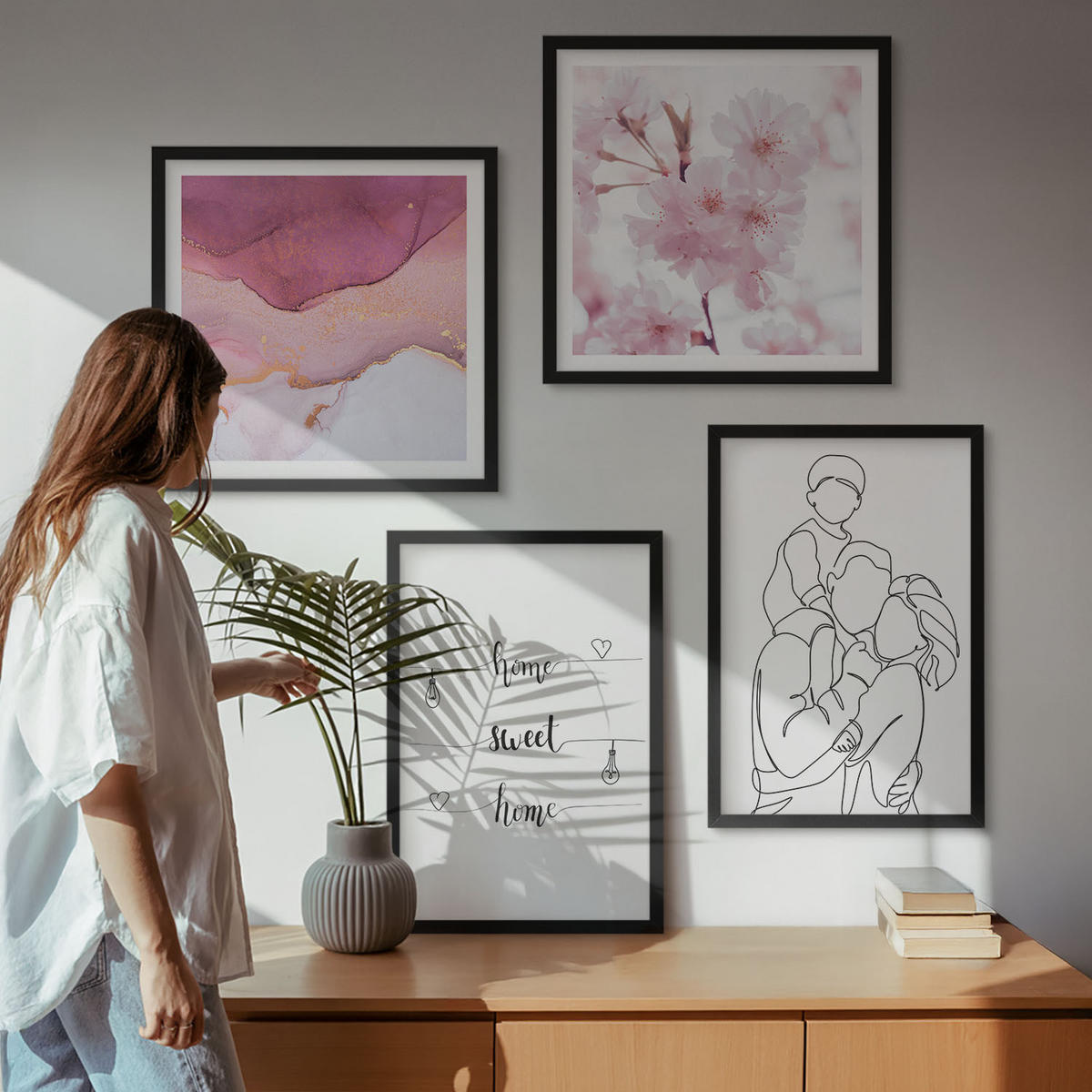 WANDBILDER 4er-Set - 50x50 cm & 40x60 cm Schwarzer Rahmen - Blumenfamilie minimalistisch - Schwarz, Kunststoff (50/50cm) - ArtPrintCave