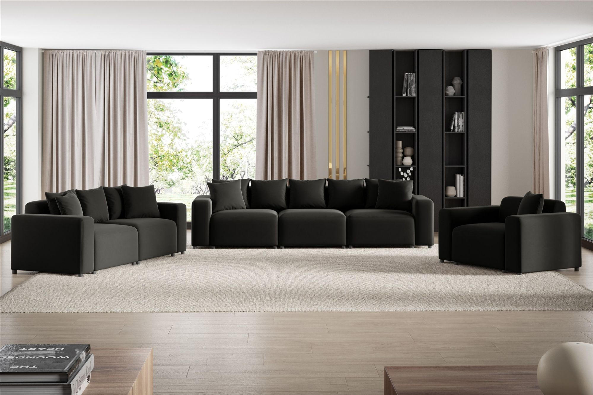 SOFASET Megan 3-2-1 In Salvador - Schwarz, Holzwerkstoff/Textil (327/75/98cm) - Fun Möbel